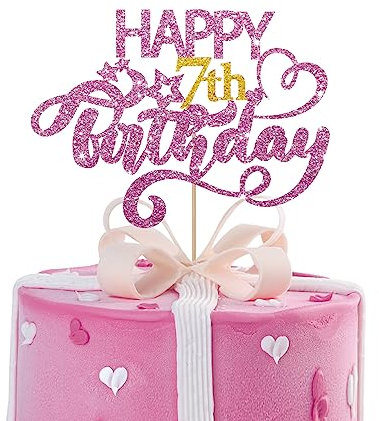 Pink Glitter Happy 7th Birthday Cake Topper, Seven Years Old Birthday Party Cake Decor, Gold Number 7 Birthday Party Supplies Decorations for Boy or Girl