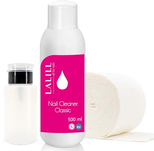 LALILL Nagel Cleaner 500ml Set - Nagel Entfetter mit Wattepads und Pumpflasche - Dispenser Pumpspender 200ml, 500 x Zelletten Pads aus Baumwolle, Nagelentfetter für Gelnägel, Hybride und Pinsel