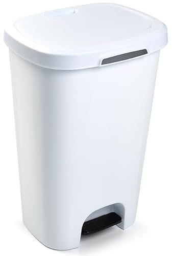 Muddy Hands 50 Litre Plastic Foot Pedal Bin Large Tall Slim Kitchen Rubbish Recycling Waste Dustbin (White)