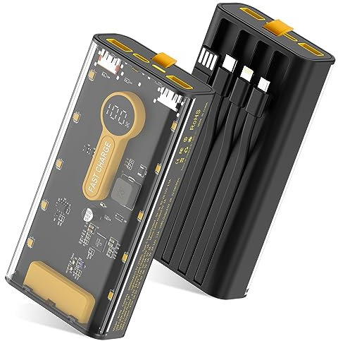 Portable Charger 10000mAh,22.5W Fast Charging Power Bank with Built in Cables,Transparent External Battery Pack with Flashlight,USB C in&out Portable Phone Charger for iPhone Samsung Android Cellphone