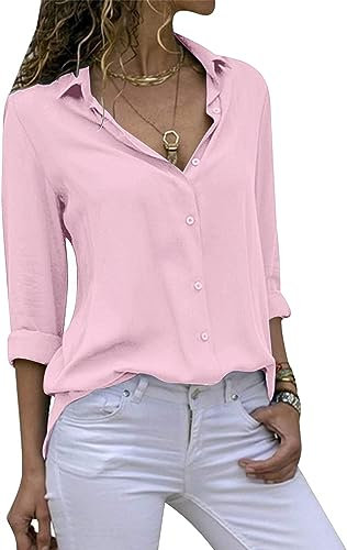 Cassiecy Damen Bluse Chiffon Elegant V-Ausschnitt Langarm Casual Oberteile Hemd Lose Langarmshirt Tops (S, Rosa)