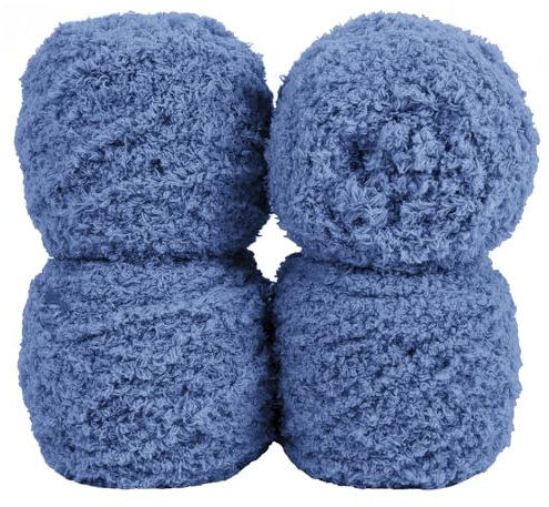 Uiopa Flauschige Wolle Garn Dunstblau, 400g(4 x 100g, 4 x 80m) Plüschwolle zum Stricken 3 Stränge Fransengarn, Handstrickgarn Weiche Häkelwolle zum Decken Schals Mützen DIY-Projekte