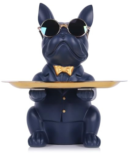 QIANLING Modern Decor - Bandeja de resina para estatua de bulldog azul marino, soporte para llaves, caramelos, joyas, aretes, adecuada para el hogar, mesa de comedor, oficina, bandeja de objetos