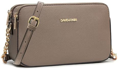 David Jones - Petit Sac Bandoulière Femme - Pochette Téléphone Portable Cuir PU Rigide - Besace Chaînes Porté Epaule - Sacoche 3 Compartiments Poches - Soirée Shopping Ville Tendance - Marron Taupe