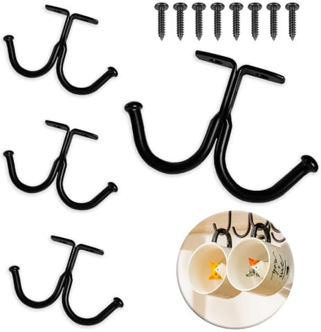 UBRAVE Cup Holder Under Cabinet, 4 Pcs Mugs Hooks Under Shelf, Mug Rack with Double Hooks, Under Shelf Cabinet Bar Kitchen Glasses Storage Drying Rack Holder Tea Cup Display Rack with Screws, Black