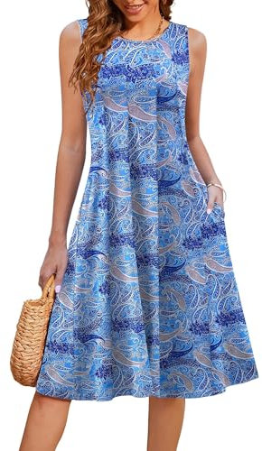 Hotouch Elegant Sommerkleider für Damen Rundhals Blumendruck Boho Strandkleid Falten Ärmelloses T-Shirt Kleid Sommer Umstandskleid Mit Taschen Muster 166 L