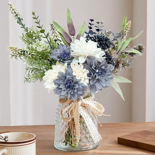 Aoztio Artificial Flowers for Decoration with Vase, Blue and White Artificial Flowers in Vase for Home Kitchen Decor, Table Centerpiece, and Office Decoration (Clear Glass Vase)