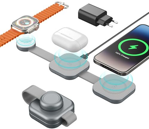 PINRUIGE Kabelloser Ladeständer 3 in 1,15W Magnetisches Kabellose Ladestation Faltbare Charging Station für iPhone 17/16/15/14/13 Series, Pods Pro, Apple Watch (Mit USB-C Netzteil und Kabel) Gray