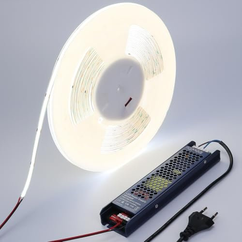 BENLUN 48V COB LED Strip 20M, LED Streifen 6000K Kaltweiss Super Hell 160W 480LEDs/M CRI 92, LED Band Schneidbar Selbstklebend mit Netzteil für Schlafzimmer Zimmer Dekoration