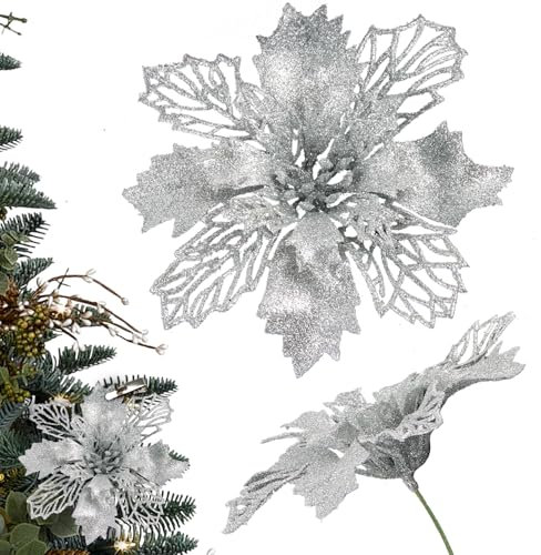 Dwafill Flores para Arbol de Navidad, 15 Piezas 14 * 14CM Flores Rojas Arbol Navidad, Se Puede Colgar, Sujetar o Pegar (Plateado)