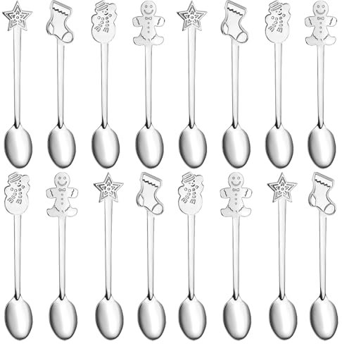 Set di 16 cucchiai natalizi creativi in acciaio inox, cucchiaini da caffè, cucchiaini da caffè, cucchiaini da tè, cucchiaini da zuppa, 12,7 cm