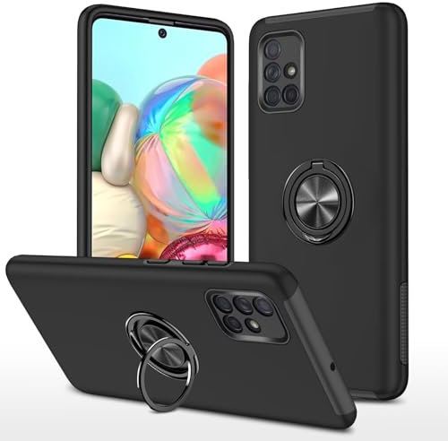 WOWUDI Hülle für Samsung Galaxy A51 4G,Magnetisch Ring Ständer,Matte Stoßfest Handyhülle mit Silicone Stoßstange,Multi-Layer Stoßfest Schutzhülle Design Case Cover,Schwarz