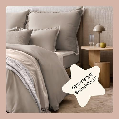 Amqua Mako Satin Bettwäsche 135x200 cm Taupe | Bettdeckenbezug 135x200 sowie Kissenbezüge 80x80 | ägyptische Baumwolle | Satinweiche Bettwäsche einfarbig