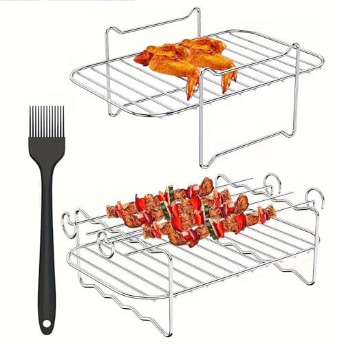 Lot de 2 grilles de cuisson pour friteuse à air chaud Ninja AF300EU AF400EU, avec 4 brochettes et 1 pinceau à huile en silicone, accessoires Air Fryer pour Ninja/Ultenic/Innsky/Devology (couleur :