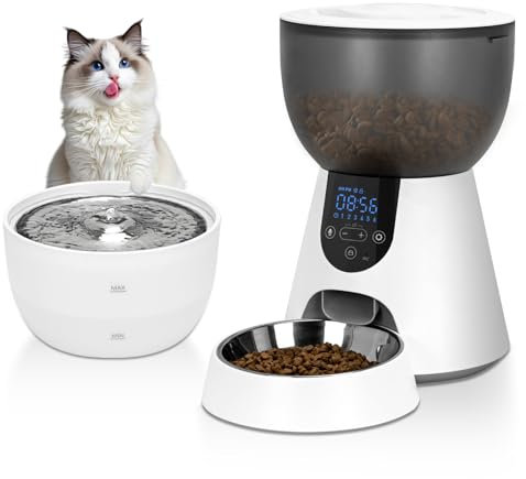 Podazz Automatic Cat Feeder and Water Dispenser, 4L Cat Food Dispenser with Timer for Dry Food, 1-6 Meal/Day, 1-10 Portions/Meal, 3L Water Fountain with Quiet Pump, Stainless Steel Food Bowl