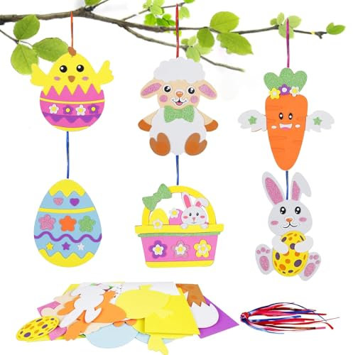 Gibocot Easter Crafts for Kids 12 Pack Easter Egg Bunny Chick Craft Kit Easter Activities DIY EVA Foam Arts and Crafts Creative Gifts Make Your Own Easter Mix & Match Hanging