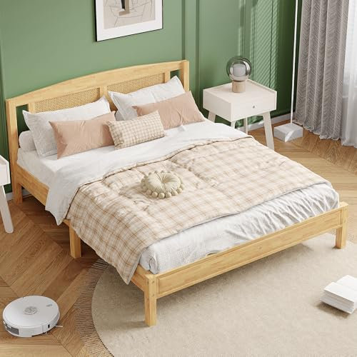 Arhatreya Doppelbett 160x200 cm, Rattanbett mit 15 Latten, Holzbett mit Mittelfüße, Flachbett mit Rattannetzkissen, Bett für Erwachsene Jugendliche (Ohne Matratze) Kiefer Natur