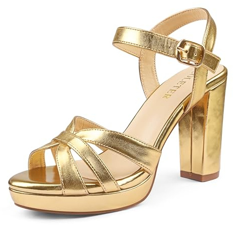 COLETER Women's Platform Chunky Heels Ankle Strap Block Heeled Sandals Party Wedding Shoes, Gold, 9.5