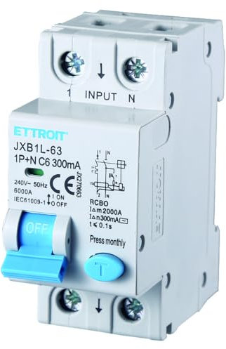 230V 6A C6, INTERRUTTORE MAGNETOTERMICO DIFFERENZIALE SALVAVITA, 1P+N, MONTAGGIO SU BARRA DIN, 2 MODULI, 300mA, 6KA 6000A, RCBO, 240VAC