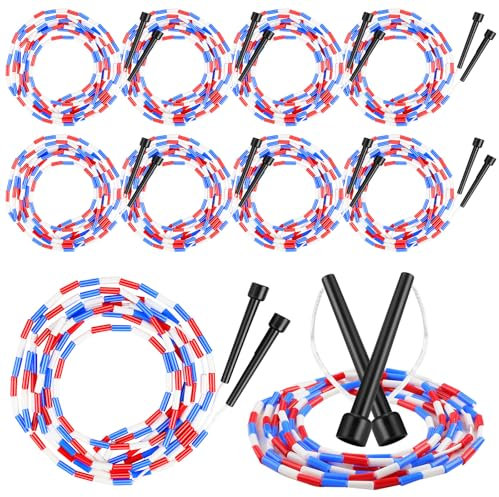Zubebe 12 Pcs 16-foot Double Dutch Jump Ropes Bulk Segmented Skipping Colorful Beaded Ropes for Kids Adults Fitness Physical Education Gym Class School Sports Outdoor Activities, Red White and Blue
