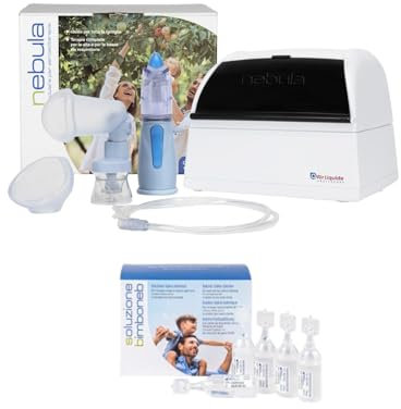 Air Liquide Healthcare, NEBULA + Soluzione Isotonica BIMBONEB, Sistema per Aerosolterapia, Dotato di RINOWASH, NEBULA SPACER e Maschera Pediatrica, Confezione da 25 Flaconcini Monodose da 5 ml