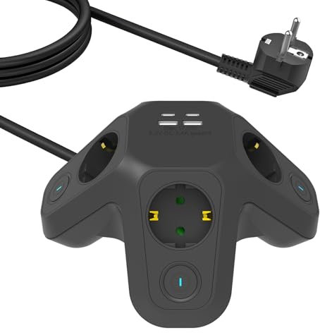 KS Mehrfachsteckdose mit USB, 4 Fach Steckdosenleiste mit Schalter 1,5m Kabel Verteilersteckdose 3680W/16A, Design des Gamecontrollers für Büros, Wohnzimmer und Spielzimmer