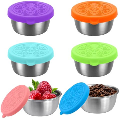 Pamtns 6 Stück Dressing Behälter mit Silikondeckel Mini Dosen Snackbox Lebensmittelbehälter Set 50ml Edelstahl Salatdressing Behälter Joghurtbecher To Go Salatbox Kleine Dosen Saucenbehälter