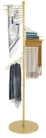 DYRABREST 67 Freestanding Scarf Organizer, Metal Spiral Scarf Holder with 30 Rods, Commercial Hijab Organizer Belt Pants Hanger for Clothing Store Home, Space Saving Shelves (Gold)