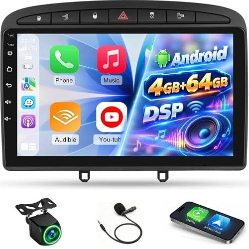 NHOPEEW 4+64G Radio Auto per Peugeot 308/408 2007-2013 - Radio Android da 9 Pollici con Senza fili Carplay e Android Auto - Mirror Link 32EQ DSP Schermo Diviso + Telecamera di Retromarcia & Microfono