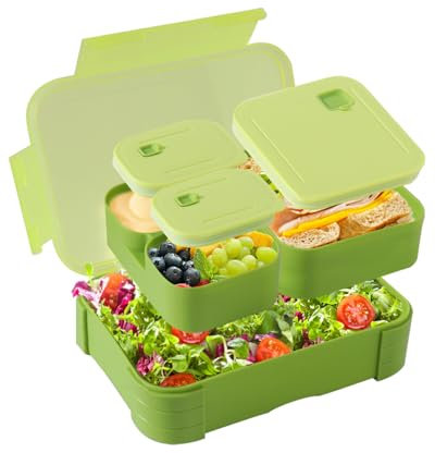 Swkien Bento Lunch Box for Kids, 1100ml Nestable Snack Box with 3 Compartments, Leakproof Lunchbox Microwave & Dishwasher Safe for School, Work, Picnics & Travel - Green