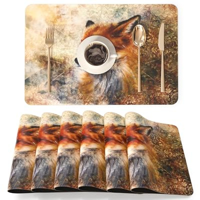 QIYI Faux Leather Placemats, Set of 6, Waterproof Oil-Proof Heat-Resistant PU Table Mats for Kitchen, Dining, Indoor & Outdoor Use, 45×30cm, Artistic Fox Portrait with Vintage Floral Background