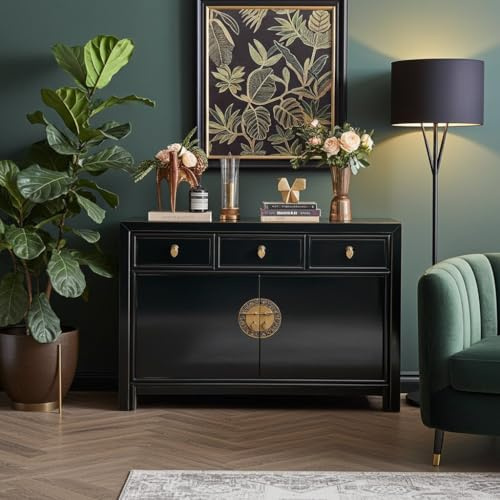 OPIUM OUTLET Schrank Sideboard Kommode Hochzeitsschrank Asia Möbel komplett montiert Vintage-Stil orientalisch asiatisch chinesisch (Black)
