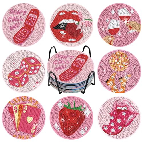 NAIMOER 8 Stück Rosa Vintage Diamond Painting Untersetzer mit Halter, DIY Rosa Boho Diamant Tassenuntersetzer, Diamant Painting Untersetzer für Erwachsene Kinder, Getränke Basteln Coasters