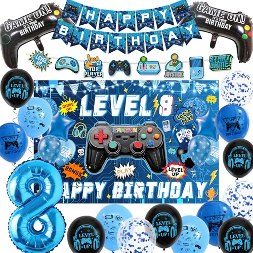 8th Birthday Decorations Banner Set - Blue Gaming Theme Balloons Kit with Hanging Swirls, Happy Birthday Backdrop Banners and Foil Balloons for Boys 8 Years Old Party Supplies
