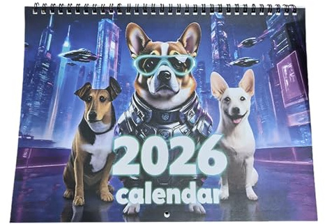 Wandkalender 2026, Katzen- und Hundemotiv, 28,4 x 21,1 cm, modisch, cool, niedlich, seltsame Katzen, Kalender, dickes Papier, Loch zum Aufhängen, Urlaubserinnerung, Heimdekoration, Geschenk (Hund)
