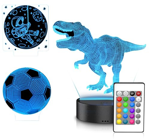 CSL-Computer Mybeo - Nachtlicht dimmbar 3D Hologram – Mond Fußball Dinosaurier - Lampe mit 3 Motiven - RGB Farbauswahl – für Kinder – USB-Stromversorgung – mit Fernbedienung – Farbwechelfunktion