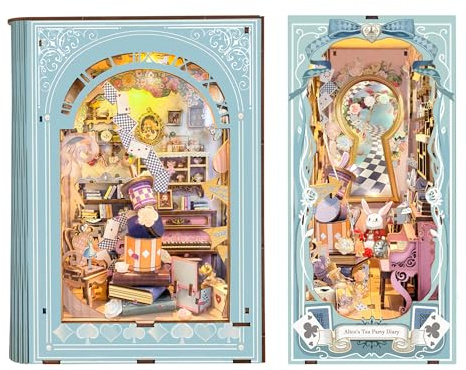 Book Nook Kit für Erwachsene, Alice's Tea Party Diary DIY Booknook mit LED | 3D Holzpuzzle Bausatz für Kreative, Geschenk für Bücherregal Deko