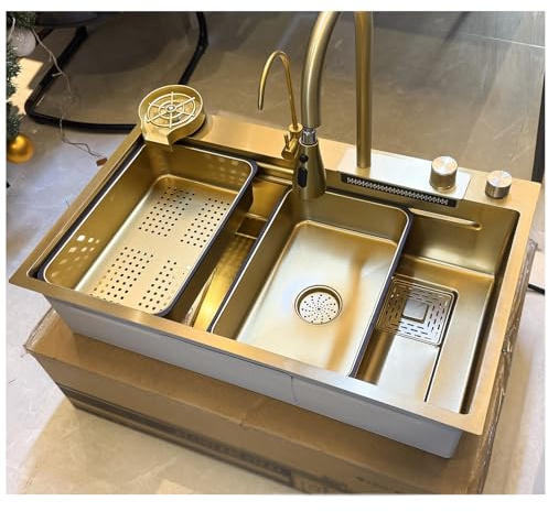 ASKLFNEI Fregadero de cocina dorado de 80 x 50 cm, estilo cascada, fregadero individual de acero inoxidable, fregadero empotrado con gran capacidad para estaciones de trabajo con accesorios
