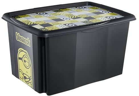 keeeper karolina Aufbewahrungsbox mit Deckel, 45 l, Minions Mosaic, Schwarz | Platzsparend aufeinander stapelbar, Griffmulden an den Seiten, Optimaler Staubschutz, Sichere Konstruktion