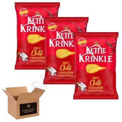Kettle Chips Variety Flavoured Potato Crisps Snacks – Hand Cooked Thick Cut Crispy | Sea Salt, Balsamic Vinegar & more – Crunchy Vegetarian (Pack 3, Krinkle Sweet Chilli & Sour Cream 130g)