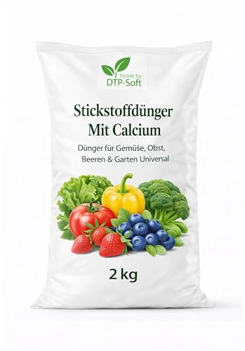 DTP-SOFT Stickstoffdünger mit Calcium 2kg/2000g - Calciumdünger und Universaldünger für Gemüse, Obst, Beeren und Gartenpflanzen - Gartendünger für kräftiges Wachstum, starke Zellstruktur und gesunde E