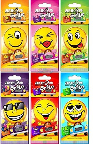 Areon Smile Dry Car Air Freshener Assorted Hanging Mirror Fun Smiley Face Yellow Set Multi Pack of 24 ( 6 x 4 pieces )