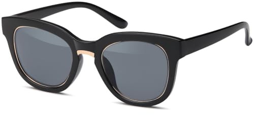 styleBREAKER Nerd Sonnenbrille mit breitem Kunststoff Rahmen und Metall umrandeten Oval Flachgläsern, Kunststoff Bügel, Damen 09020082, Farbe:Gestell Schwarz-Gold/Glas Grau getönt