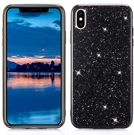 DasKAn Strass Glitzer Silikon Hülle für iPhone XR, Glänzend Überzug Metallrahmen Gummi Rückseite Handyhülle Ultra Dünn Weich Stoßstange Kratzfest Stoßfest Flexibel TPU Schutzhülle,Schwarz