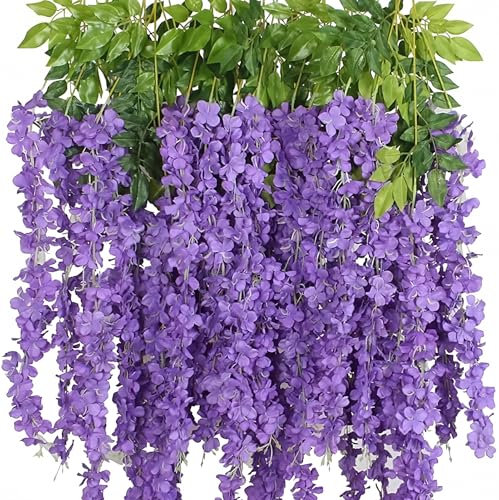 12 Pack Wisteria Flower Vines Garland, 3.75 Feet Artificial Flower Strings, Fake Hanging Flowers, Silk Wisteria Garland Flowers, Wisteria Vine for Wedding, Garden, Wall Decoration (Purple Blue)