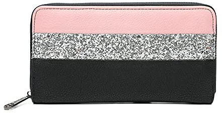 Portefeuille Femme Paillette Rayures Zippé - Porte-Cartes Monnaies Tout-en-Un Format Long - Wallet Compagnon Bandes Grande Capacité Similicuir Souple - Chic Elégant - Rose Noir