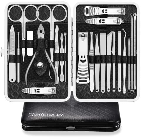 Kit Manucre Pedicure Coupe Ongle Professionnel Coupe Cuticule Acier Inoxydable Trousse Manucure Pedicure Set de 23pcs avec Exquis La Boîte (Noir/Argent)
