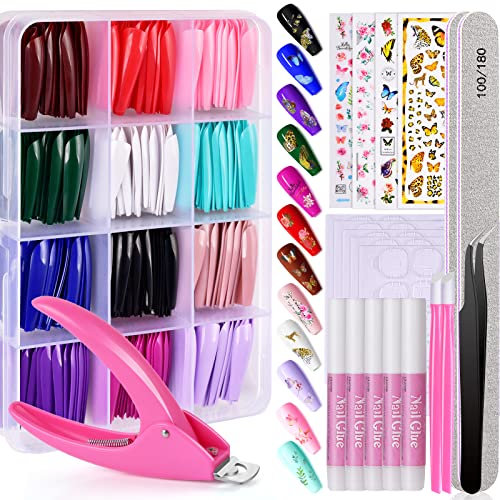 360PCS Long Press on Nails Coffin, MORGLES 12 Colors False Nails with Glue, Adhesive Tabs, Stickers, Tweezer, 10 Sizes