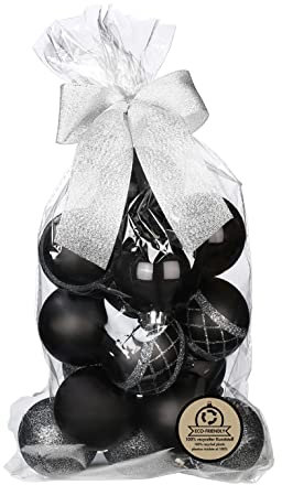 Weihnachtskugeln Kunststoff 6cm x 16 Stück Set mit Motiv Glitzer Christbaumkugeln (Schwarz Mix)