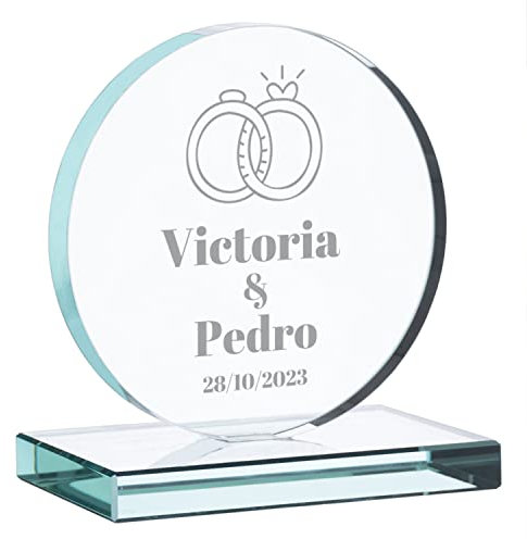 Wanapix | Trophée Personnalisé avec Nom et Texte | Verre Gravé (échelle de Gris)| Trophée Personnalisé | Boîtier de Rangement Inclus | Rond | Mariage Anniversaire